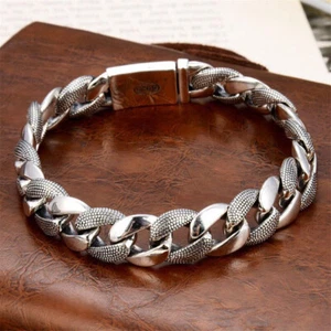 Pure S925 Sterling Silver Chain 11mm Carved Pattern Curb Link Bracelet 7.1-8.7in - Picture 1 of 3