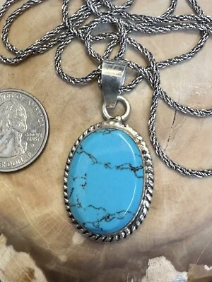 Vtg Oval Deep Blue AZ Turquoise Cabochon 925 Sterling Silver Necklace 31 In - Image 1 of 4