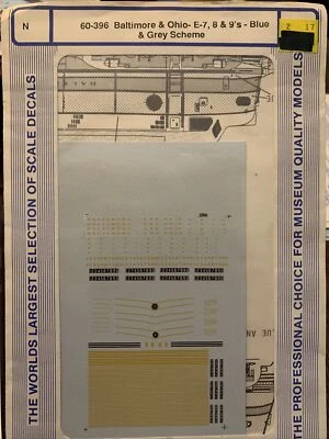 Microscale Decal N 60-396 Baltimore & Ohio E-7, 8 & 9's Blue & Grey NOS     - Image 1 of 2