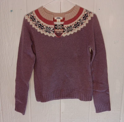 Старый темно-синий свитер женщин S фиолетовый розовый цветочный шерсти смесь Nordic Fair Isle островной - Изображение 1 из 4