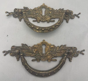 Paar schwere Messing Schubladengriffe Eastlake mit Schlüsselloch & Rollen Bügelgriffe - Bild 1 von 4