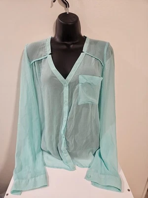 Silence + Noise Teal Shimmer Mesh Button Up Sheer Top Blouse Medium   - Изображение 1 из 4