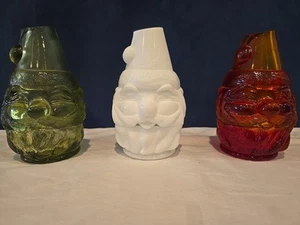 Seltenes Set 3 Wichtel Weihnachtsmann Glas Kerzenhalter grün weiß bernstein leuchtend MCM Deko - Bild 1 von 10