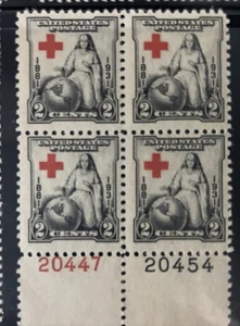 Scott 702, 2c Red Cross, Plate block/4, Bottom #s20447(R)/20454(B) MNH Free Ship - Picture 1 of 1
