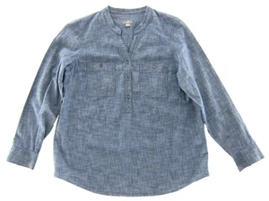 J.Jill 100% Cotton Chambray Blue Pocket V-Neck Long Sleeve Blouse Small Petite - Picture 1 of 4
