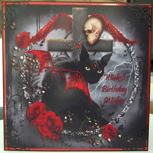 HANDMADE PERSONALISED GOTHIC PAGAN BIRTHDAY CARD WITH ANGEL BAT BLACK CAT - Picture 1 of 2