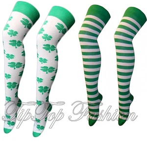 New Girls Ladies Over Knee High Socks St Patricks Football Clover Shamrock Irish - Picture 1 of 1