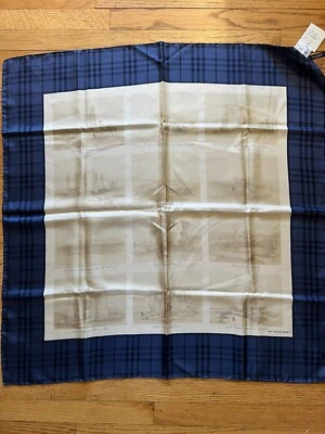NWT Burberry Scarf Beige Landscapes with Navy Checker Border Silk Wrap - Image 1 of 4