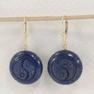 Natural Gemstone Blue Lapis 14kt Solid Yellow Gold Leverback Earrings - Picture 1 of 6