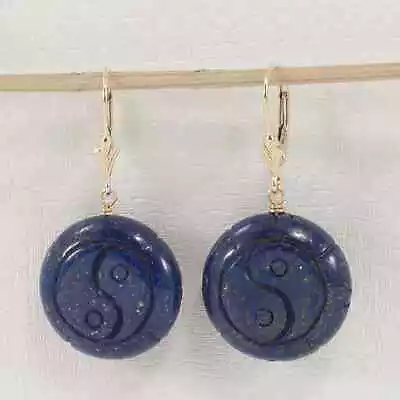Natural Gemstone Blue Lapis 14kt Solid Yellow Gold Leverback Earrings - Image 1 of 4