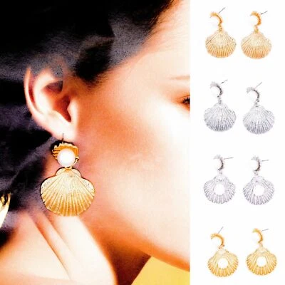 Silver Gold Seashell Shell Faux Pearls Boho Style Ear Stud Drop Dangle Earrings  - Image 1 of 4