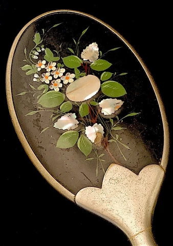 Antique Mother of Pearl Inlay Lacquer Hand Painted Silver Hand Held Mirror Cover