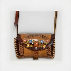 Vintage Acapulco Mexico Hand Painted Tooled Leather Cylinder Cross Body Purse - Bild 1 von 23