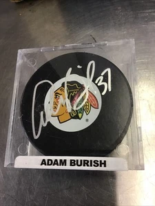 Adam Burish SIGNED Chicago Blackhawks LOGO PUCK W/COA - Picture 1 of 2