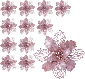 12 Pezzi Fiori Di Natale Poinsettia Glitter per Decorazione (Oro Rosa) - Foto 1 di 12