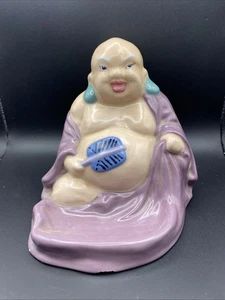 Vtg Ceramic Asian Happy Buddha Figurine With Fan - Purple Robe - 7” Tall - Picture 1 of 10