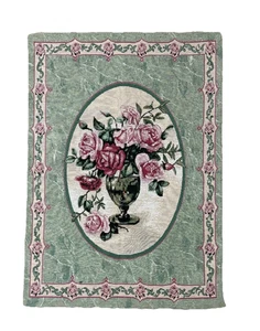 Vintage Tapestry Hanging Wall Curtain Decor Green Pink Rose Vase Floral Motif - Picture 1 of 6