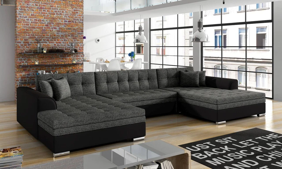 Ecksofa Wohnlandschaft Vera Grau Schwarz mit Schlaffunktion U Form XXL Sofa Neu - Bild 1 von 3