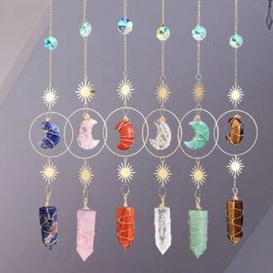 Natural Crystal Point Wire Wrapped Wind Chime Moon Sun Catchers Colgante - Imagen 1 de 21