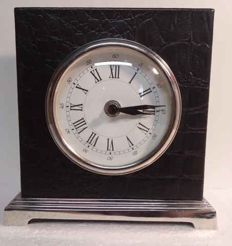 7" x 6" Black Leather  Wrapped Mantel Shelf Clock ,Stainless Steel  Desk clock Cover