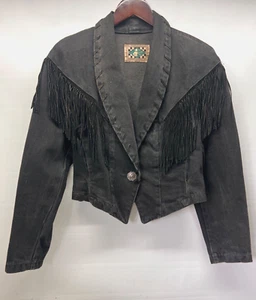 GIACCA JEANS VINTAGE RODE WALKER DENIM NERO CROPPED SCAMOSCIATA FRANGE DONNA MEDIA - Foto 1 di 6