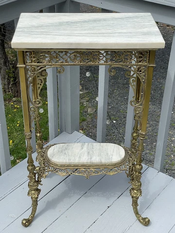FINE Ornate Antique Victorian Cast Brass Marble Top Accent Table Fern Stand Cover