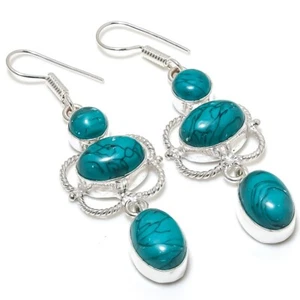 Turquoise Gemstone Handmade 925 Sterling Silver Jewelry Earring Size 2.6" - Picture 1 of 1