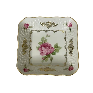 Schumann Bavaria Square Bowl Dish Hand Painted White With Roses & Gold Trim - Picture 1 of 5
