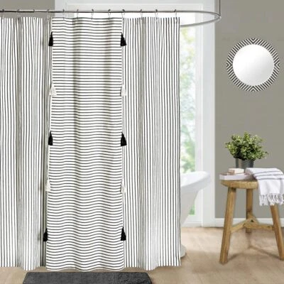 Black and Ivory Stripe Patchwork Cotton Tassel Shower Curtain for BathroomFar... - Image 1 of 4