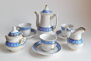 Victorian Hand Painted Ironstone? Childs Tea Service Set Antique Blue Gold 11pc - Picture 1 of 9