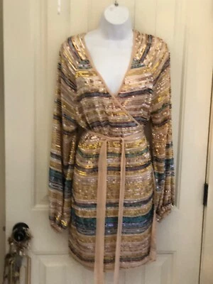 TULAROSA Sequin Bell Sleeve Wrap Dress Rainbow Colourful  Size L RARE EUC - Изображение 1 из 4