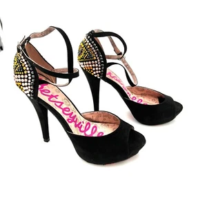 BETSEYVILLE by Betsey Johnson 5 inch Black Stiletto Heels Peep Toe Shoes Sz 6.5 - Picture 1 of 6