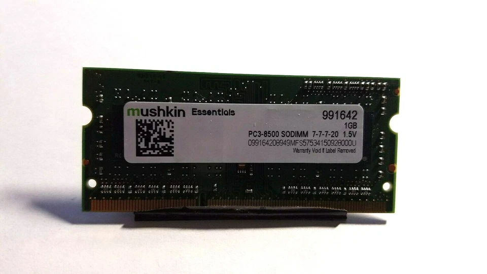 991642 Mushkin 1GB PC3-8500 DDR3-1066MHz CL7-7-7-20 204-Pin SoDimm Memory Module - Image 1 of 1