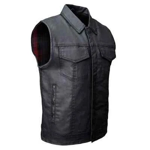 Gilet Moto Milwaukee Pelle 3030 Uomo Nero Cerato Rivestito Denim Stile Club - Foto 1 di 10