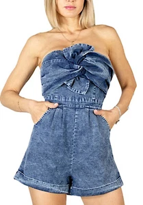 Blauer Damen-Jeans-Kurz-Jumpsuit Bandeau-Ausschnitt Schleifchen 4187 - Bild 1 von 18
