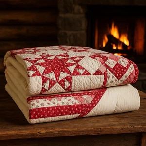 Vintage Hand-Quilted Patchwork Star Quilt – 85” x 82” – Red & White Floral - Picture 1 of 14