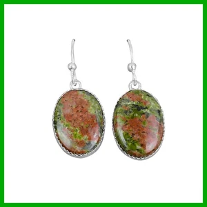Daughters Day Sale 925 Sterling Silver Oval Unakite Stone Dangle Drop Earrings - Picture 1 of 13
