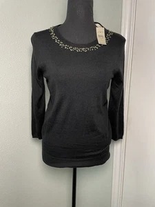 Maglione donna Loft nuovo con etichetta piccolo petite nero misto lana strass maglia manica 3/4 - Foto 1 di 13
