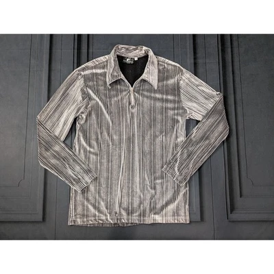 Vintage Y2k 90's Silver Striped Raver Shirt Medium Long Sleeve Metallic Velour - Image 1 of 4