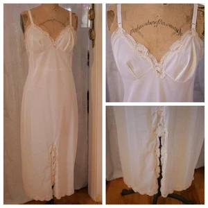 vtg Formal Long Ivory Full Slip LACE Nylon Slit Up Front Cottagecore Coquette L - Picture 1 of 7