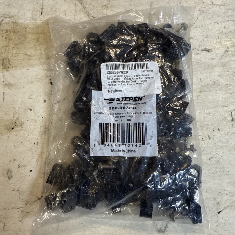 Steren Single Coaxial Cable Clip with Screws and Grip-Clip - Black 100 per bag - Image 1 of 1