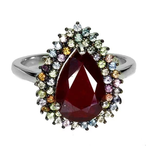 925 Sterling Silver Ring Pear Ruby 12x8mm Sapphire Gemstone Jewelry Size 8 - Picture 1 of 14