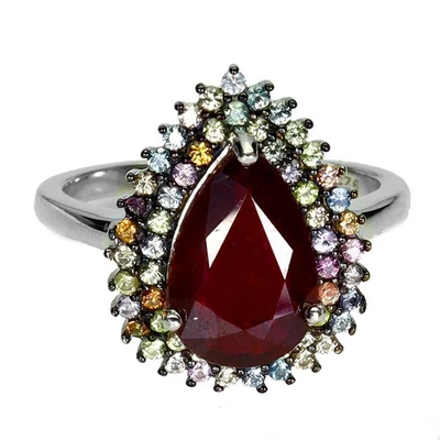 925 Sterling Silver Ring Pear Ruby 12x8mm Sapphire Gemstone Jewelry Size 8 - Image 1 of 4