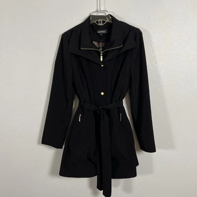 Ellen Tracy Black Trench Coat Belted Gold Detail Zip Pockets Women's Large - Image 1 of 4