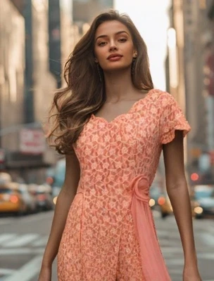 70s Lace Maxi Formal Dress Size Medium Womens Short Sleeve Scalloped Zip Peach - Image 1 of 4