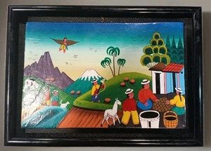 Peruvian Village Miniature Folk Art Painting Beautifully Mounted & Framed 5X7 - Picture 1 of 6