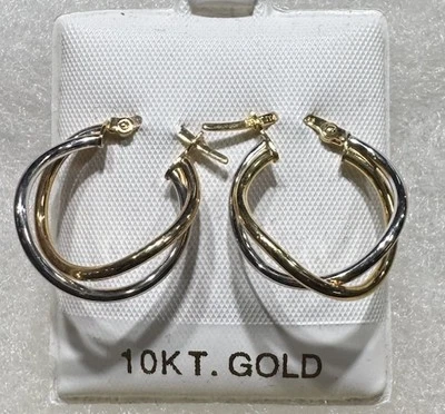 Real 10K Two-Tone Gold Fancy Hoop EARRINGS - Image 1 of 4