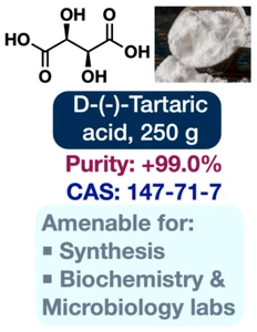 D-(-)-Tartaric acid (PURE POWDER)  |  250 g  |  CAS: 147-71-7  | Purity: +99.0% - Picture 1 of 2