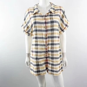 Free People Plaid FELICITY Romper Size XS Button Front Roll Tab Sleeve Casual - Picture 1 of 15