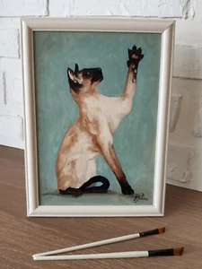 Siamkatze Gemälde Haustier Original Kunst gerahmt 12 mal 9 Katze blaue Augen Ölgemälde - Bild 1 von 9